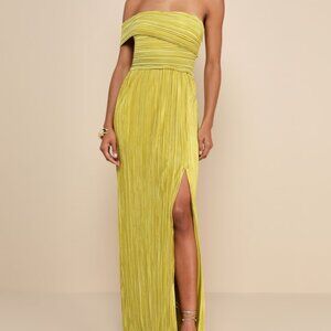 Lulus Poised Performance Chartreuse Plisse One-shoulder Maxi Dress Green